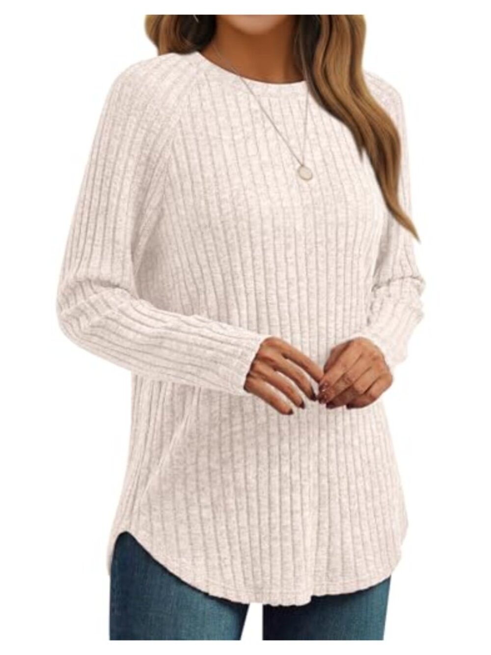 Long Sleeve Tunic Top Ribbed Knit Crewneck Casual Fall Layering